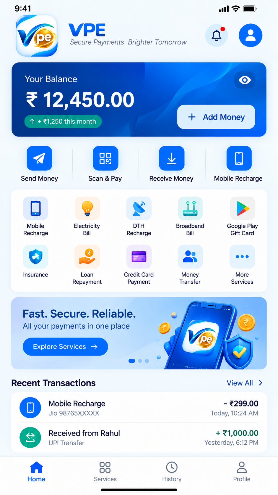 Vfirstpe mobile app home screen